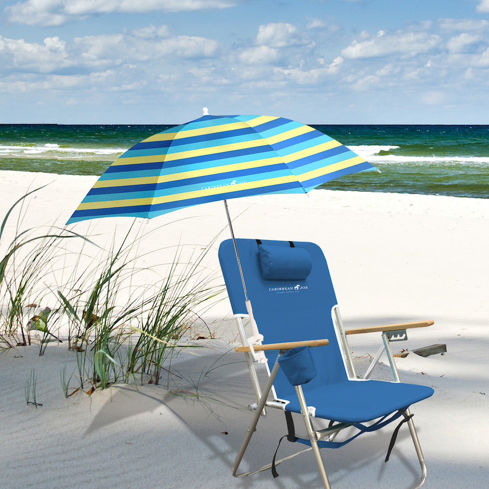 Caribbean Joe 48 Inch Blue Yellow Stripe Portable Beach Chair Umbrella