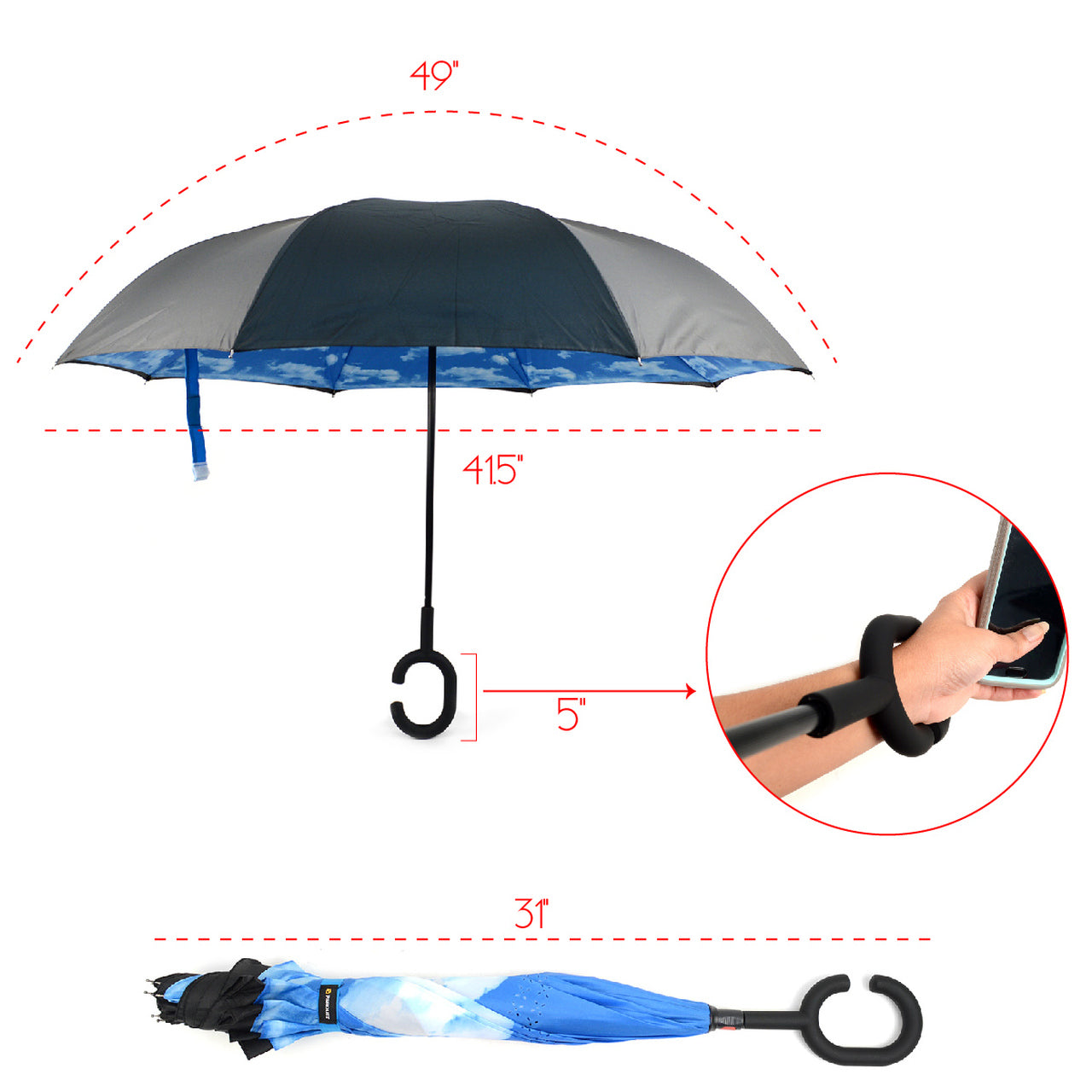 Wholesale Blue Sky Double Layer wrist handle Inverted Umbrella